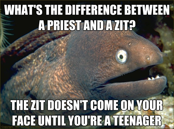 what's the difference between a priest and a zit? the zit doesn't come on your face until you're a teenager  Bad Joke Eel