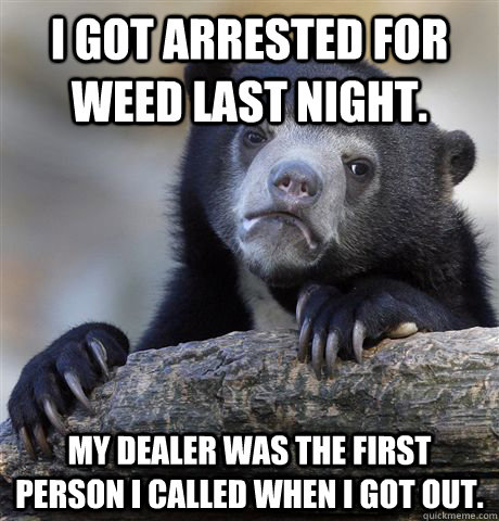 I got arrested for weed last night. My dealer was the first person I called when I got out.  Confession Bear