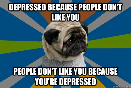 Depressed because people don't like you People don't like you because you're depressed  Clinically Depressed Pug
