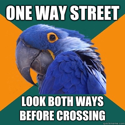 one way street look both ways before crossing  Paranoid Parrot