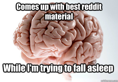 Comes up with best reddit material While I'm trying to fall asleep  Scumbag Brain