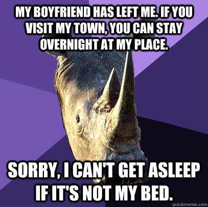 My boyfriend has left me. If you visit my town, you can stay overnight at my place. Sorry, I can't get asleep if it's not my bed.   Sexually Oblivious Rhino
