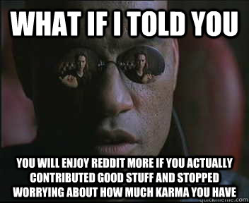 What if I told you you will enjoy reddit more if you actually contributed good stuff and stopped worrying about how much karma you have   Morpheus SC