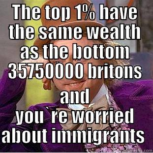 THE TOP 1% HAVE THE SAME WEALTH AS THE BOTTOM 35750000 BRITONS AND YOU`RE WORRIED ABOUT IMMIGRANTS  Condescending Wonka