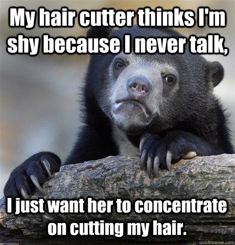 My hair cutter thinks I'm shy because I never talk, I just want her to concentrate on cutting my hair.  Confession Bear