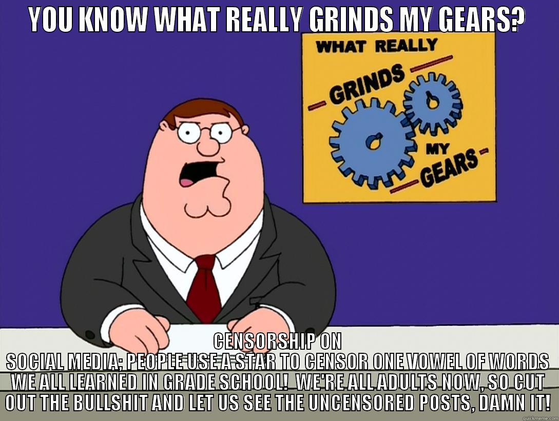 Grinds Gears Censorship - YOU KNOW WHAT REALLY GRINDS MY GEARS? CENSORSHIP ON SOCIAL MEDIA; PEOPLE USE A STAR TO CENSOR ONE VOWEL OF WORDS WE ALL LEARNED IN GRADE SCHOOL!  WE'RE ALL ADULTS NOW, SO CUT OUT THE BULLSHIT AND LET US SEE THE UNCENSORED POSTS, DAMN IT! Misc