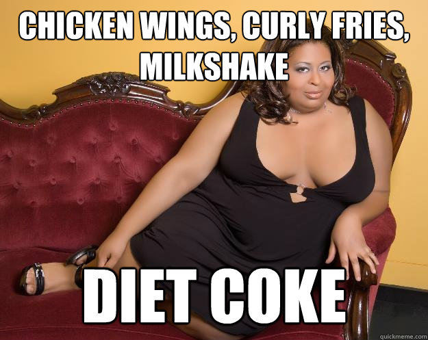 Chicken wings, curly fries, milkshake Diet coke  