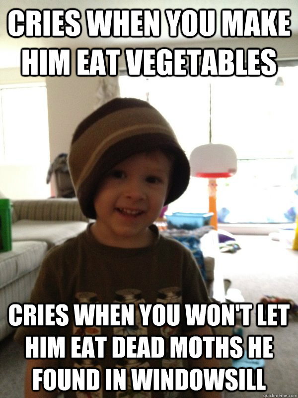 cries when you make him eat vegetables cries when you won't let him eat dead moths he found in windowsill - cries when you make him eat vegetables cries when you won't let him eat dead moths he found in windowsill  Scumbag Toddler