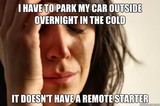 i have to park my car outside overnight in the cold It doesn't have a remote starter  - i have to park my car outside overnight in the cold It doesn't have a remote starter   First World Problems