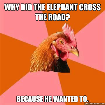 Why did the elephant cross the road? Because he wanted to.  True story now anti joke chicken