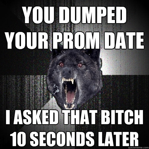 you dumped your prom date i asked that bitch 10 seconds later  Insanity Wolf