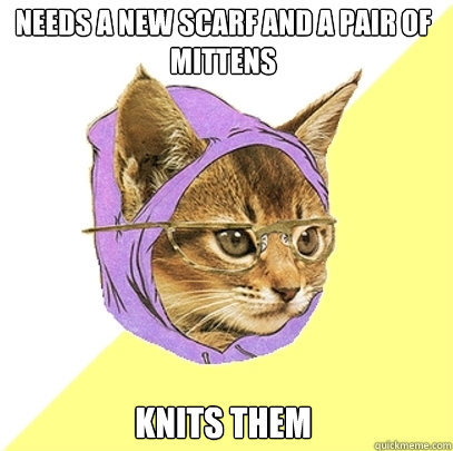 Needs a new scarf and a pair of mittens Knits them  Hipster Kitty