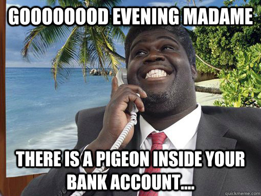 GOOOOOOOD EVENING MADAME THERE IS A PIGEON INSIDE YOUR BANK ACCOUNT....  George Fonejacker