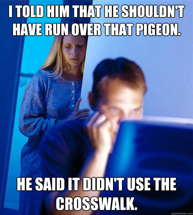 I told him that he shouldn't have run over that pigeon. He said it didn't use the crosswalk.  RedditorsWife