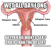 Wet all day long Boyfriend wants sex? 
Drier than the desert  