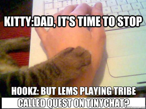 Kitty:Dad, It's time to stop Hookz: but Lems playing Tribe called quest on Tinychat?  