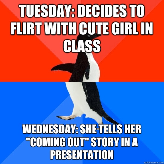 Tuesday: decides to flirt with cute girl in class Wednesday: she tells her 