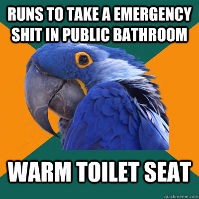 runs to take a emergency shit in public bathroom warm toilet seat  Paranoid Parrot