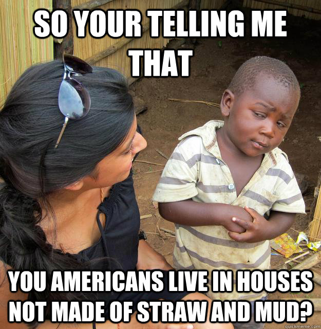 So your telling me that you americans live in houses not made of straw and mud?  Skeptical Third World Kid