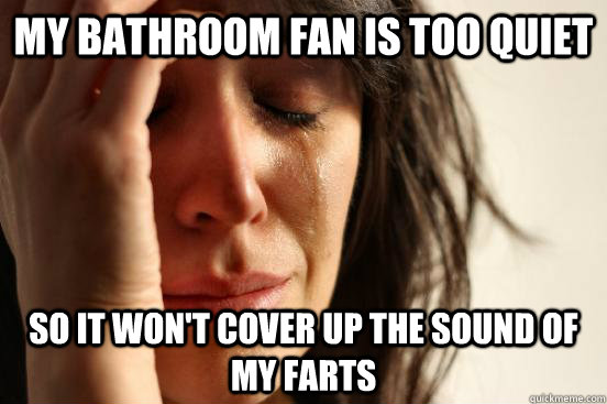 my bathroom fan is too quiet so it won't cover up the sound of my farts  First World Problems