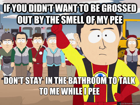 if you didn't want to be grossed out by the smell of my pee don't stay  in the bathroom to talk to me while i pee - if you didn't want to be grossed out by the smell of my pee don't stay  in the bathroom to talk to me while i pee  Captain Hindsight