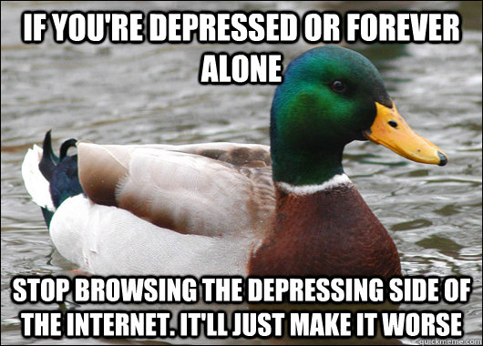 if you're depressed or forever alone stop browsing the depressing side of the internet. It'll just make it worse - if you're depressed or forever alone stop browsing the depressing side of the internet. It'll just make it worse  Actual Advice Mallard