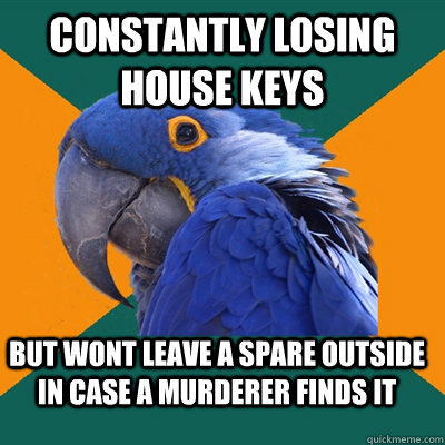 Constantly losing house keys But wont leave a spare outside in case a murderer finds it  Paranoid Parrot