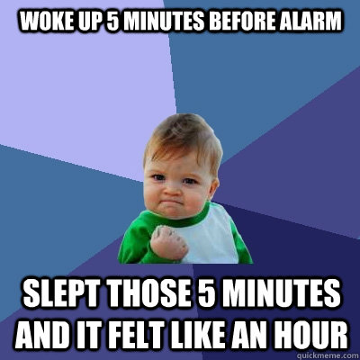 woke up 5 minutes before alarm slept those 5 minutes and it felt like an hour  Success Kid