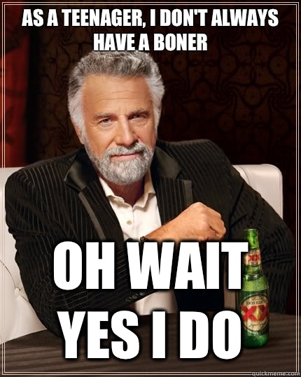 As a teenager, I don't always have a boner Oh wait yes I do   The Most Interesting Man In The World