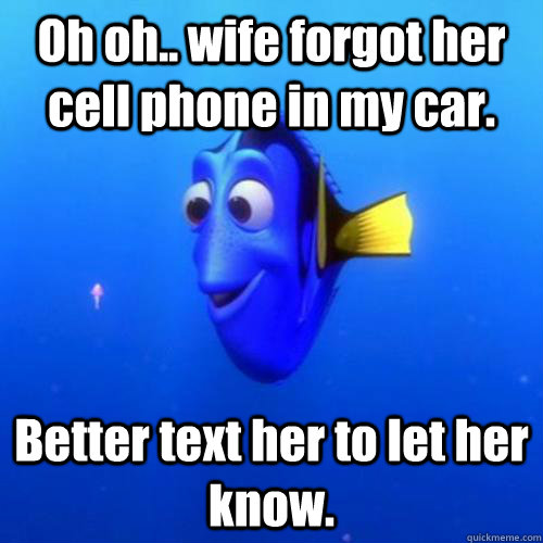 Oh oh.. wife forgot her cell phone in my car. Better text her to let her know.  dory