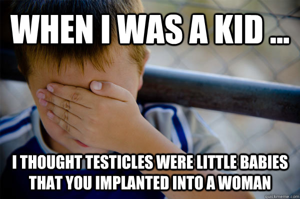 WHEN I WAS A KID ... I THOUGHT TESTICLES WERE LITTLE BABIES THAT YOU IMPLANTED INTO A WOMAN - WHEN I WAS A KID ... I THOUGHT TESTICLES WERE LITTLE BABIES THAT YOU IMPLANTED INTO A WOMAN  when i was a kid