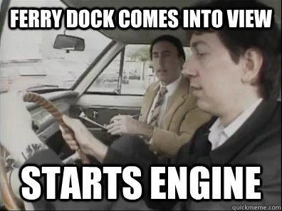 Ferry dock comes into view starts engine   