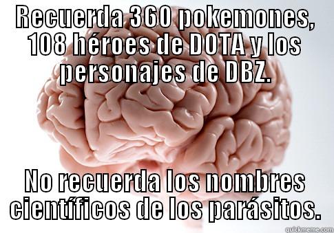 RECUERDA 360 POKEMONES, 108 HÉROES DE DOTA Y LOS PERSONAJES DE DBZ. NO RECUERDA LOS NOMBRES CIENTÍFICOS DE LOS PARÁSITOS. Scumbag Brain