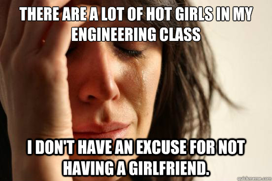 There are a lot of hot girls in my engineering class I don't have an excuse for not having a girlfriend.  First World Problems