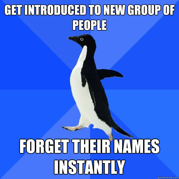 Get introduced to new group of people Forget their names instantly  Socially Awkward Penguin