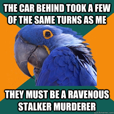 the car behind took a few of the same turns as me They must be a ravenous stalker murderer  Paranoid Parrot