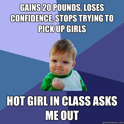 Gains 20 pounds, loses confidence, stops trying to pick up girls hot girl in class asks me out - Gains 20 pounds, loses confidence, stops trying to pick up girls hot girl in class asks me out  Success Kid
