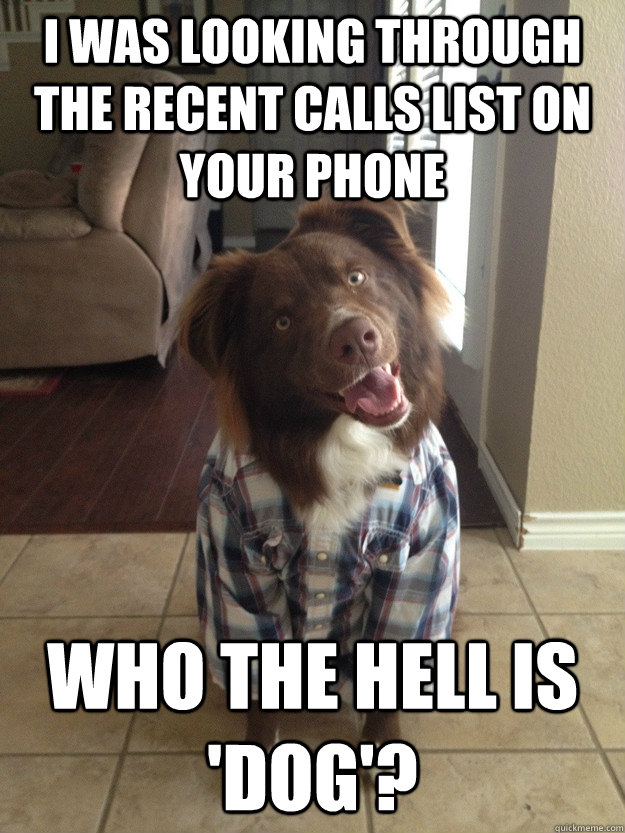 I was looking through the recent calls list on your phone Who the hell is 'Dog'?  Overly Attached Dog
