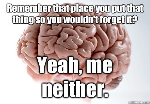 Remember that place you put that thing so you wouldn't forget it? Yeah, me neither.  - Remember that place you put that thing so you wouldn't forget it? Yeah, me neither.   Scumbag Brain