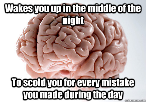 Wakes you up in the middle of the night To scold you for every mistake you made during the day  Scumbag Brain