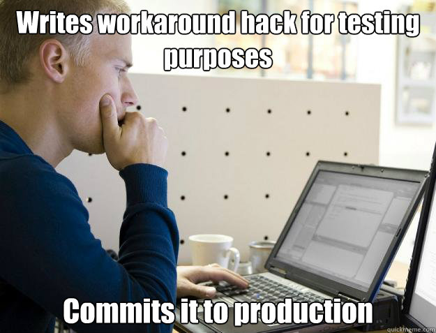 Writes workaround hack for testing purposes Commits it to production  Programmer