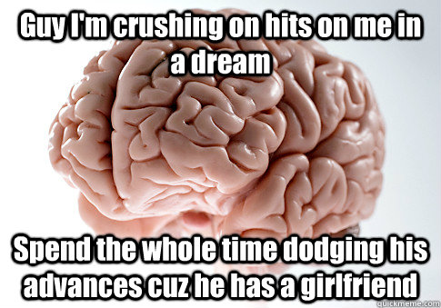 Guy I'm crushing on hits on me in a dream Spend the whole time dodging his advances cuz he has a girlfriend    Scumbag Brain