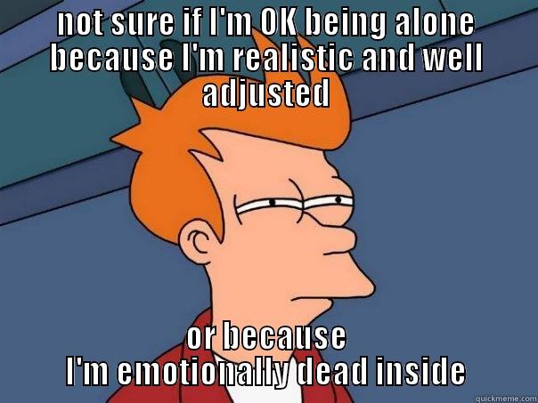 NOT SURE IF I'M OK BEING ALONE BECAUSE I'M REALISTIC AND WELL ADJUSTED OR BECAUSE I'M EMOTIONALLY DEAD INSIDE Futurama Fry