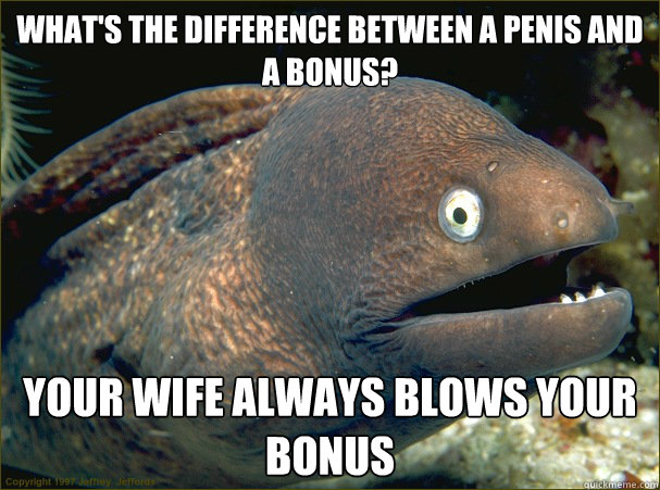 What's the difference between a penis and a bonus? Your wife always blows your bonus  Bad Joke Eel