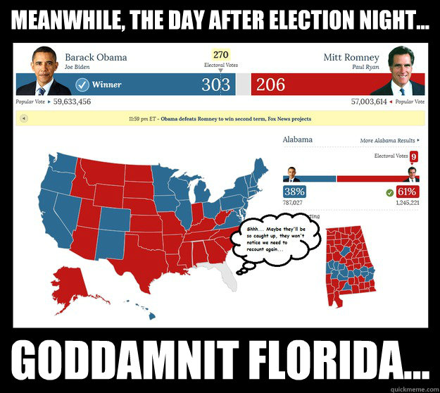 meanwhile, the day after election night... goddamnit florida...  Recount Florida