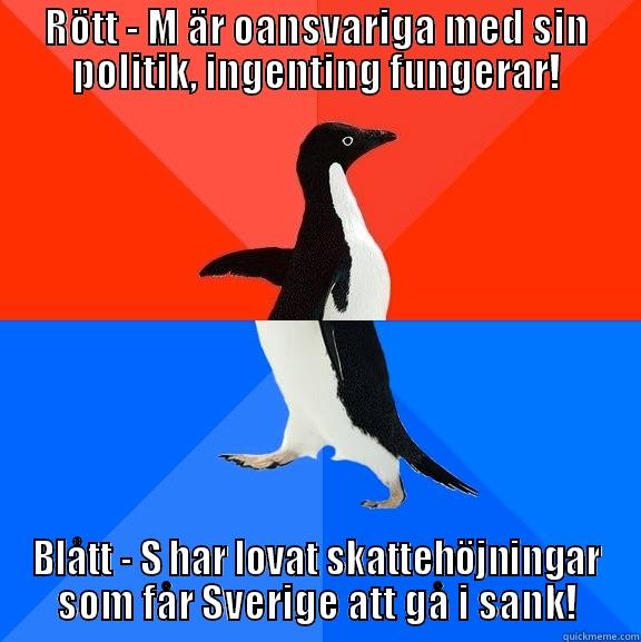 RÖTT - M ÄR OANSVARIGA MED SIN POLITIK, INGENTING FUNGERAR! BLÅTT - S HAR LOVAT SKATTEHÖJNINGAR SOM FÅR SVERIGE ATT GÅ I SANK! Socially Awesome Awkward Penguin