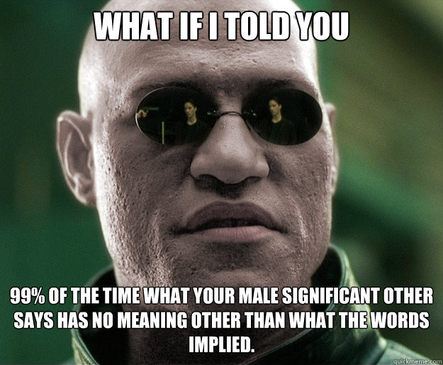 What if i told you 99% of the time what your male significant other says has no meaning other than what the words implied.   White Morphius
