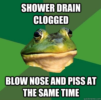Shower drain clogged Blow nose and piss at the same time   Foul Bachelor Frog