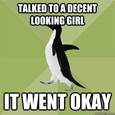 talked to a decent looking girl it went okay  Socially Average Penguin