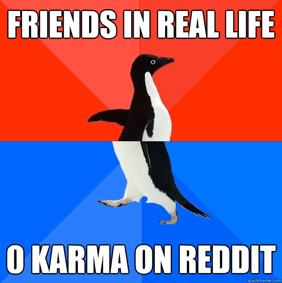Friends in real life 0 karma on reddit  Socially Awesome Awkward Penguin